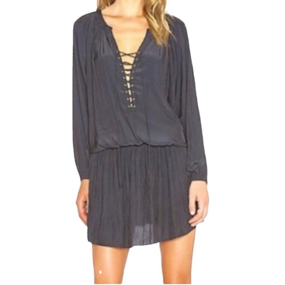 Ramy Brook Allie Ruched Tie-Front Dress Black Lace-Up Long Sleeve Large